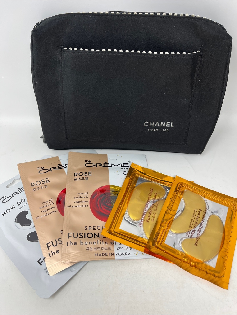 CHANEL PARFUMS ZIPPER COSMETIC POUCH BLACK WHITE TRIM BONUS CRÈME SHOP MASKS